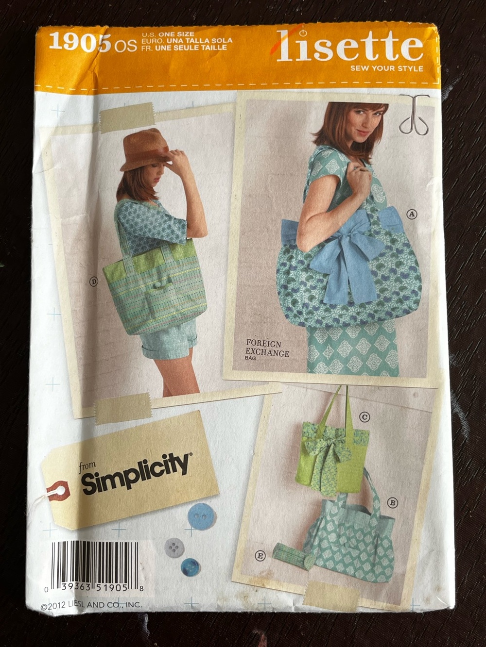 Uncut Lisette Simplicity Large Tote Bag Sewing Pattern Bow Pocket Cosmetic Case